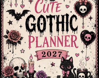 Gothic Planner 2027 | Pink Black Cat, Skulls, Roses Digital Pages