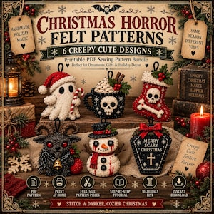 Puede incluir: Un anuncio digital de patrones de fieltro de terror navideño con seis adornos: un fantasma con un bastón de caramelo, una taza con calavera, un calcetín con calavera, una cabra negra, un muñeco de nieve y un ataúd con el texto Merry Scary Christmas.