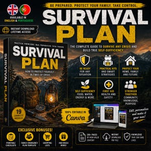 Peut inclure: Image promotionnelle pour un guide de survie. La couverture du livre, avec le titre "SURVIVAL PLAN" en jaune, est mise en avant. L'image comprend des icônes et du texte sur l'autonomie, les premiers secours et la protection familiale.