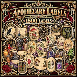 May include: A collection of 1500 apothecary labels featuring ornate gold borders and dark backgrounds. The labels display illustrations of crows, skulls, mushrooms, moths, anatomical hearts, crystals, glass bottles, and botanical plants with script text.