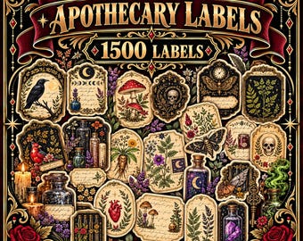 May include: A collection of 1500 apothecary labels featuring ornate gold borders and dark backgrounds. The labels display illustrations of crows, skulls, mushrooms, moths, anatomical hearts, crystals, glass bottles, and botanical plants with script text.