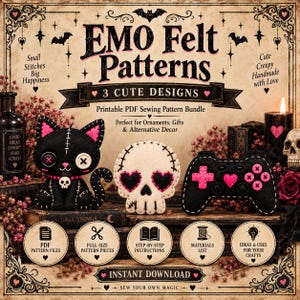 Op de afbeelding: Een printbaar PDF-naaipatroonpakket genaamd EMO Felt Patterns met drie schattige ontwerpen: een zwarte kat, een witte schedel en een zwarte gamecontroller. De afbeelding toont de afgewerkte viltobjecten naast iconen voor PDF-bestanden, patroondelen, instructies, materialenlijsten en knutselideeën.