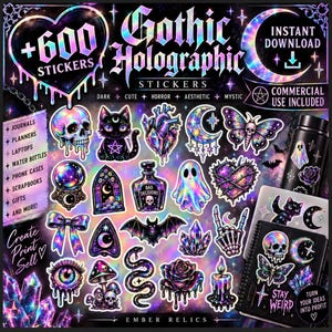 Może przedstawiać: Cyfrowa kolekcja ponad 600 holograficznych naklejek z gotyckimi i mistycznymi wzorami. Zestaw zawiera ilustracje czaszek, kotów, serc, księżyców, ciem i kryształów z opalizującym wykończeniem na ciemnym tle.