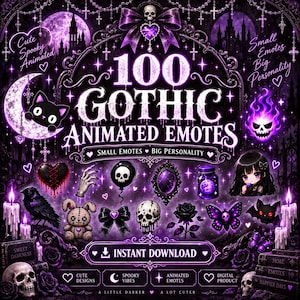 May include: A digital collection of 100 Gothic animated emotes featuring purple and black themes. Graphics include a skull, a black cat on a crescent moon, a raven, a voodoo doll, a rose, a butterfly, and a jar. Text reads 100 GOTHIC ANIMATED EMOTES.