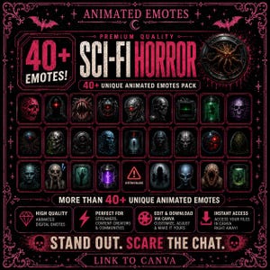 May include: A digital collection of over 40 animated sci-fi horror emotes featuring skulls, alien creatures, and dark mechanical figures. The graphic includes text such as ANIMATED EMOTES, SCI-FI HORROR, and SYSTEM FAILURE, presented in a dark pink and black theme.