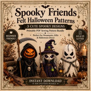 以下が含まれることがあります： 「Spooky Friends Felt Halloween Patterns」と題された印刷可能なPDF裁縫パターンセット。カボチャ頭の死神、ほうきを持った魔女、ランタンを持った幽霊という3体のフェルト人形が、装飾的な背景の中に描かれています。