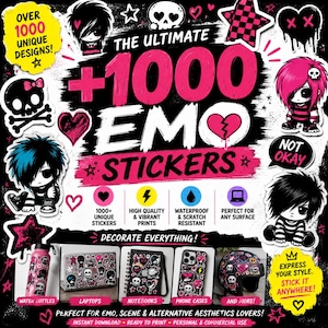 Może przedstawiać: Kolekcja ponad 1000 naklejek emo z czarno-różowymi grafikami czaszek, serc i postaci z kolczastymi włosami. Projekt zawiera napisy takie jak THE ULTIMATE 1000 EMO STICKERS, NOT OKAY oraz DECORATE EVERYTHING, z przykładami naklejek na butelkach na wodę, laptopach, notatnikach, etui na telefony i kaskach.