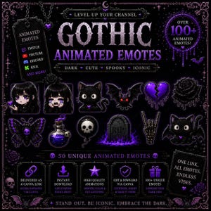 Pacchetto di emoticon animate gotiche: oltre 100 emoticon dark e carine per Twitch, Discord, YouTube e streamer.