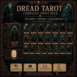 May include: Dread Tarot complete deck featuring 78 cards, 3 frames, and 1 background. The cards measure 8cm x 12cm. The set includes dark, detailed illustrations with gold-toned ornate borders, a box, and text labels including Dread Tarot, 78 cards, and 3 frames.