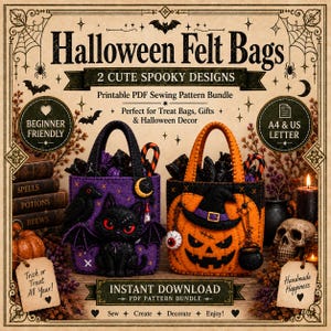 Puede incluir: Un paquete de patrones de costura PDF imprimibles para bolsas de fieltro de Halloween con dos diseños: una bolsa morada con un gato negro y un cuervo, y una bolsa naranja con una cara de calabaza. El texto dice Halloween Felt Bags, 2 Cute Spooky Designs, Printable PDF Sewing Pattern Bundle, Beginner Friendly, A4 & US Letter, Instant Download, Trick or Treat All Year!, Handmade Happiness, Sew, Create, Decorate, Enjoy!