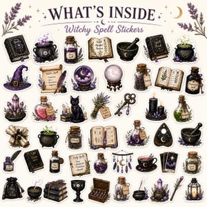 May include: A collection of witchy spell stickers featuring illustrations of spell books, cauldrons, crystal balls, potion bottles, herbs, a black cat, a key, candles, and tarot cards. The text reads WHAT'S INSIDE Witchy Spell Stickers.