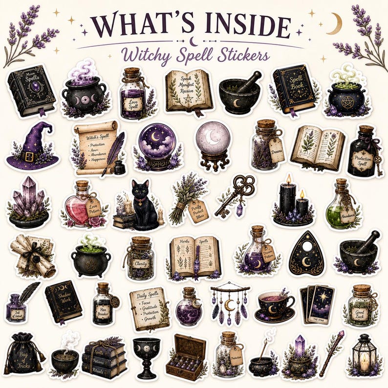 May include: A collection of witchy spell stickers featuring illustrations of spell books, cauldrons, crystal balls, potion bottles, herbs, a black cat, a key, candles, and tarot cards. The text reads WHAT'S INSIDE Witchy Spell Stickers.