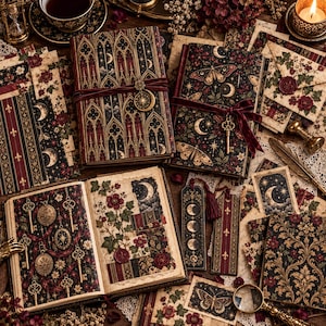 May include: A collection of stationery featuring two hardcover journals with gothic architectural and moth patterns, tied with velvet ribbons and charms. Includes matching bookmarks, envelopes with wax seals, and loose paper sheets with floral, moon, and key motifs.