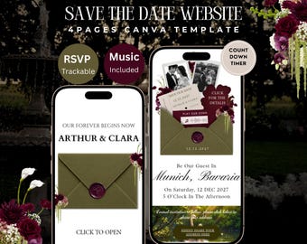 Save the Date trouwwebsite sjabloon, olijfgroen met bordeauxrode bloemen, bewerkbaar Canva-sjabloon met RSVP en aftelfunctie (digitale download)