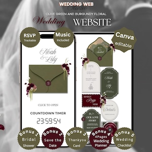 May include: A digital wedding website template featuring olive green and burgundy floral accents. The interface displays a countdown timer, RSVP and music options, and various editable invitation cards with the names Noah and Lily.