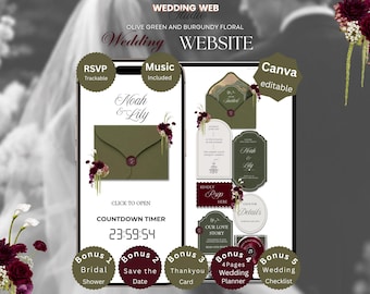 Olive Green Burgundy Floral Wedding Website | Canva Template, Bundle, RSVP, Invitation Mariage, Wedding Countdown | Digital Download