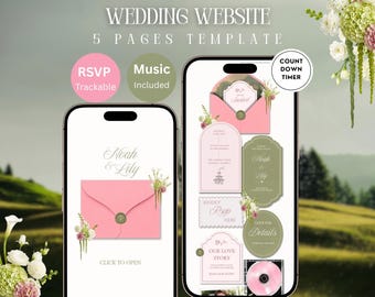 Pink & Green Floral Wedding Website Template: Editable Canva Design with RSVP, Countdown, Timeline and Music — Digital Download