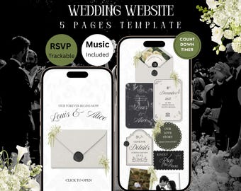 Ivory, Green & Black Floral Wedding Website Template: Editable Canva Design with RSVP, Countdown, Timeline and Music — Digital Download