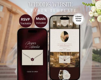 Classic Burgundy Old Money Wedding Website Template: Editable Canva Design with RSVP, Countdown, Timeline & Music — Digital Download