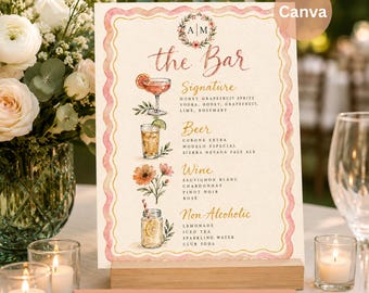 Kleurrijk bloemenmenu voor drankjes, bewerkbaar cocktailmenu in Canva, printbaar bordje voor kenmerkende drankjes, handgetekend barmenu, digitale download