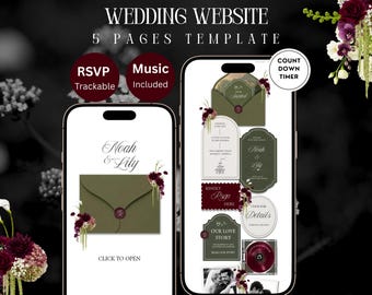 Olive Green & Burgundy Wedding Website Template, Editable Floral Canva Design with RSVP, Countdown, Timeline and Music (Digital Download)