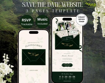 Diepgroene bloemen trouwwebsite template: bewerkbaar Canva-ontwerp met save the date, RSVP, afteltimer, tijdlijn en muziek (digitale download)