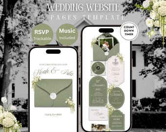 Sage Green and Ivory Floral Wedding Website Template: Editable in Canva with RSVP, Countdown, Timeline & Music — Digital Download
