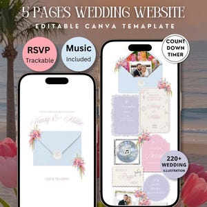 Könnte beinhalten: Zwei Smartphones zeigen eine 5-seitige Hochzeits-Website-Vorlage. Die Bildschirme zeigen hellblaue Umschläge, Blumenillustrationen und Text, einschließlich 5 PAGES WEDDING WEBSITE, EDITABLE CANVA TEMPLATE, RSVP Trackable, Music Included und COUNT DOWN TIMER.