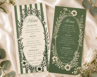 Editable Wedding Menu Template 4x9, Sage Green Botanical Floral, Reception Card, Canva Digital Download