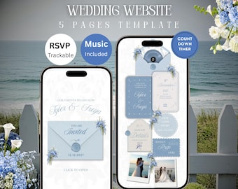 Dusty Blue Floral Wedding Website Template: Editable Canva Template with RSVP, Countdown, Timeline, Music & Video Gallery — Digital Download