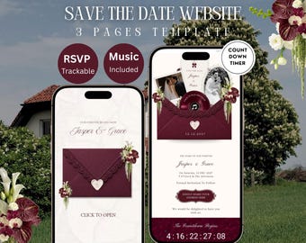 Save the Date-sjabloon: Bordeauxrode bloemenbruiloftwebsite met bewerkbaar Canva-ontwerp, RSVP, afteltimer, tijdlijn en muziek — Digitale download