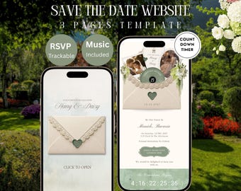 Save the Date-sjabloon: Ivoorwitte en saliegroene bloemenbruiloftwebsite met RSVP, afteltimer, tijdschema en muziek — Digitale download