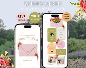 Pink, Orange & Green Floral Wedding Website Template: Editable Canva Design with RSVP, Countdown, Timeline and Music — Digital Download