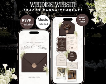 Espresso Brown & Ivory Floral Wedding Website Template: Editable Canva Design with RSVP, Countdown, Timeline and Music —Digital Download