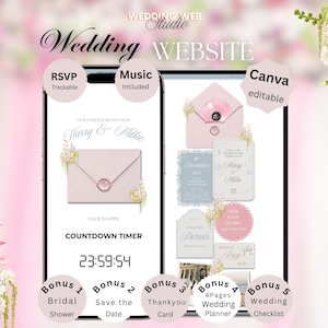 May include: A digital wedding website template displayed on two mobile devices, featuring a pink envelope graphic, countdown timer, and editable sections for RSVP, music, and event details. The design includes floral accents and text labels.