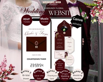 Burgundy Floral Wedding Website Canva Template, Bundle, RSVP, Invitation Mariage, Countdown, Music, Timeline, Stationary | Digital Download