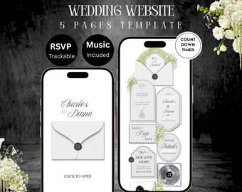 White Green Floral Wedding Website Template: Editable Canva Website with RSVP, Countdown, Music & Timeline (Digital Download)