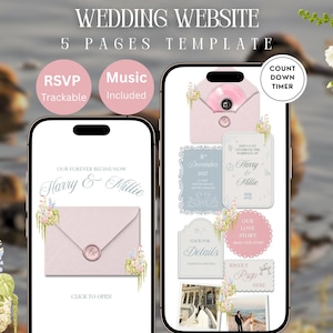 Op de afbeelding: Een trouwwebsite-sjabloon voor mobiele apparaten met vijf pagina's, inclusief een RSVP-sectie, muziekintegratie en een afteltimer. De interface toont zachtroze enveloppen, bloemaccenten en tekstvelden voor namen en details van het evenement.