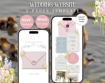 Blush Pink & Blue Floral Wedding Website Template: Editable Canva Design with RSVP, Countdown, Timeline and Music — Digital Download