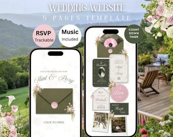 Olive Green & Pink Floral Wedding Website Template: Editable Canva Design with RSVP, Countdown, Timeline and Music — Digital Download