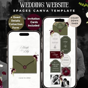 Olive Green & Burgundy Wedding Website Template, Editable Floral Canva Design with RSVP, Countdown, Timeline and Music (Digital Download)