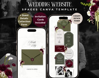 Olive Green & Burgundy Wedding Website Template, Editable Floral Canva Design with RSVP, Countdown, Timeline and Music (Digital Download)
