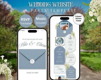 Dusty Blue Floral Wedding Website Template: Editable Canva Design with RSVP, Countdown, Timeline & Music — Digital Download