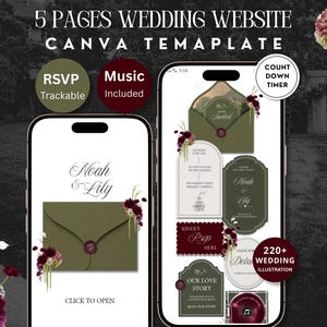 Op de afbeelding: Een digitale 5-pagina trouwwebsite Canva-sjabloon weergegeven op twee smartphones. De schermen tonen olijfgroene en bordeauxrode bloemrijke uitnodigingsontwerpen, RSVP-secties, muziekspelers en afteltimers met de tekst Noah & Lily.