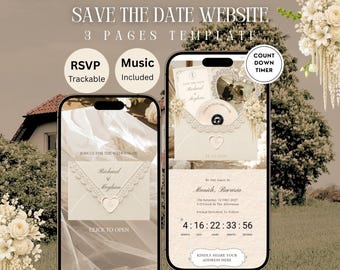 Save the Date-sjabloon: Ivoren Old Money bloemenbruiloftwebsite met RSVP, afteltimer, tijdschema en muziek — Digitale download