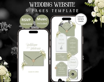 Sage Green & Ivory Floral Wedding Website Template: Editable Canva Design with RSVP, Countdown, Timeline and Music — Digital Download