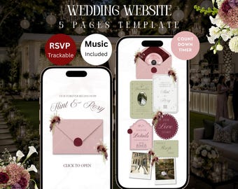 Pink, Burgundy & Green Floral Wedding Website Template: Editable Canva Design with RSVP, Countdown, Timeline and Music — Digital Download