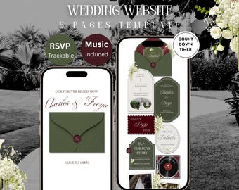 Olive Green & Burgundy Vintage Floral Wedding Website Template: Editable Canva with RSVP, Countdown and Timeline (Digital Download)