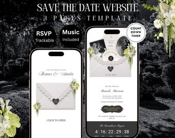 Save the Date-sjabloon: Ivoor, zwart en groen bloemenbruiloftwebsite met RSVP, afteltimer, tijdschema en muziek — Digitale download