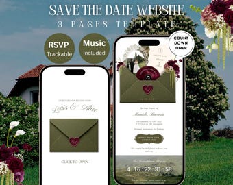 Save the Date-sjabloon: Trouwwebsite met olijf- en bordeauxrode bloemen, RSVP, afteltimer, tijdschema en muziek — Digitale download